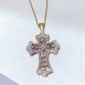 Gold Silver Fancy Ornate 2 Tone Vermeil Cross Single Diamond 18” chain necklace